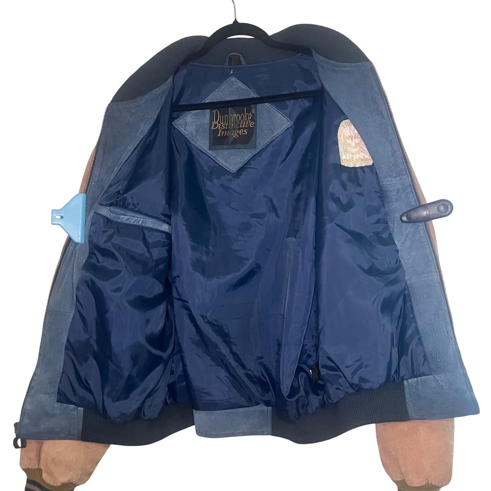 Dunbrooke Vintage Suede Bomber Jacket Mens XL Blue Tan Austin Lime Safety Award - Picture 4 of 8